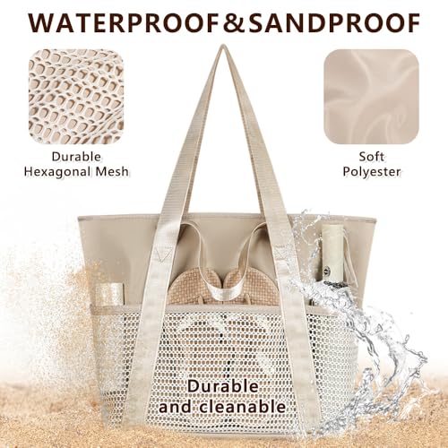 Waterproof Sandproof Beach Bag with Zipper and 6 Pockets - Foldable Lightweight Tote for Pool, Travel