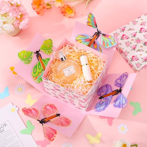 Mother's Day Butterfly Explosion Gift Box, Reusable Pink Floral DIY Unique Gift Box with Surprise Flying Butterfly and Flo...