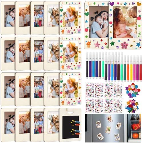 Yalikop 12 Pack Mini Wooden Picture Frames for Crafts Unfinished Magnetic Picture Photo Frame Kit with 12 Watercolor Penci...
