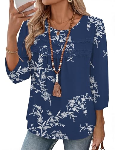 Ivicoer 3/4 Length Sleeve Womens Tops Crewneck Dressy Casual Chiffon Blouses Flowy Lace Boho Clothing Trendy 2026
