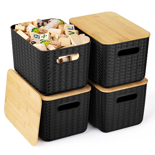 Ohmlove 4 Packs Storage Bins with Bamboo Lids - Plastic Storage Containers with Lids Stackable Storage Box: Storages Baske...