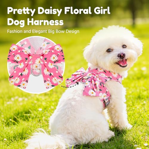 BAEJMJK Dog Harness and Leash Set with Bow Knot No Pull Pet Daisy Floral Harness with D-Ring Soft Mesh Dog Harness Vest Se...