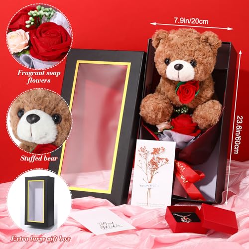 PullCrease Bear Flower Bouquet for Women 15in Rose Plush Bear Box Artificial Bouquet Necklace and Card for Graduation Anni...