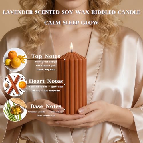 Burnt Orange Ribbed Pillar Candles Set of 3-Spiced Orange,Cinnamon & Clove Scented Soy Wax，Aesthetic Retro Textured Pillar...