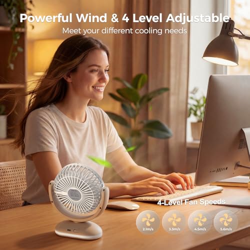 TriPole Desk Fan Small Quiet Rechargeable Portable Fan for Travel with Smart Display & LED Light, 31H Runtime, 4 Speeds Mi...