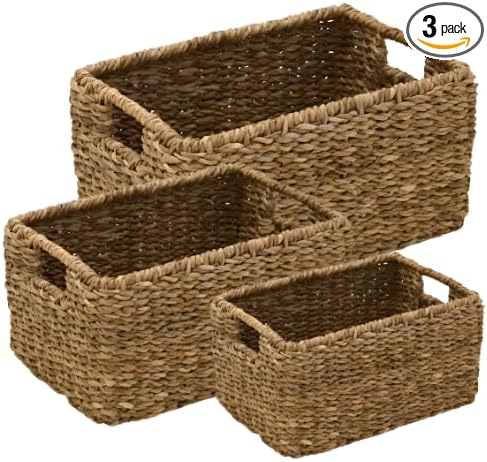 3 Pack Natural Seagrass Woven Storage Baskets Woven Rectangular Organizer Set With Handles Decorative Wicker Bins For Shel...