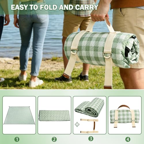Extral Large Outdoor Waterproof Picnic Blanket With Shoulder Strap, 80"X80" 3-Layer Windproof Foldable Picnic Mat with Cor...