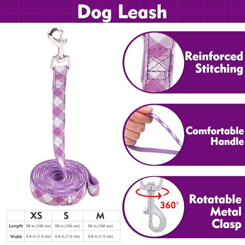 EXPAWLORER Cute Dog Harness Collar Leash Set - Purple Girl Dog Harness Checkered Step-in Design, Detachable Bow Pet Colla...