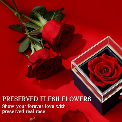 Preserved Real Rose Rotate Box with Love of Diamonds Necklace -Eternal Flowers Rose Flower Romantic Gifts for Mom Wife Gir...