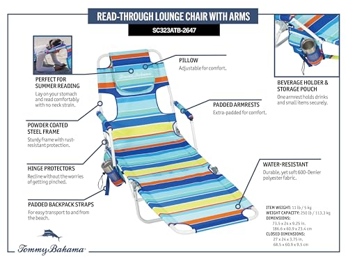 Tommy Bahama Read Through Backpack Beach Lounge Chair with Pillow, Arms, and Cup Holder, Multi-Position Adjustable Folding...