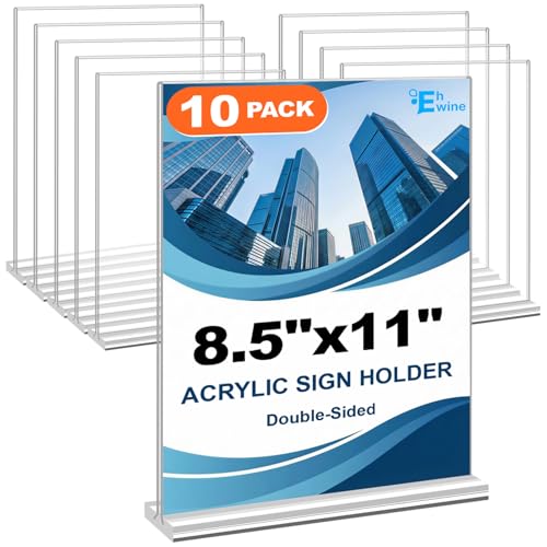 EHWINE Acrylic Sign Holder 8.5 x 11, 10 Pack Double-Sided Stand up Table Top Sign Holders, Clear Acrylic Picture Frame Men...