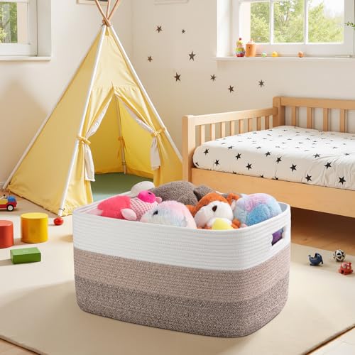 OIAHOMY Large Blanket Basket, 22”x17”x12” Rectangle Woven Baskets, Nursery Blanket Storage Living Room, Toy Storage With H...