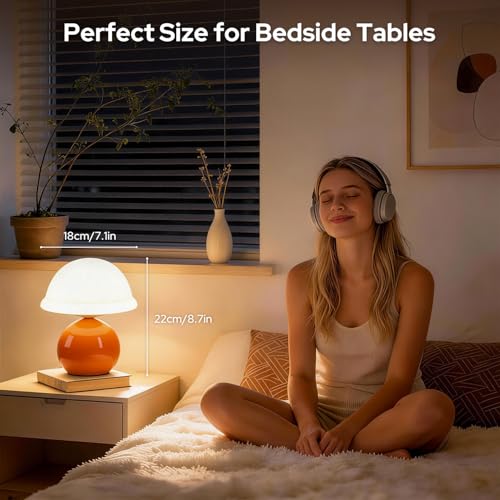 Komothala Mushroom Table Lamp for Bedroom, Cozy Bedside Lamp with Glass Shade, Stepless Dimmable Nightstand Lamp for Relax...