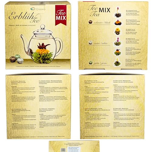Creano Tea Flowers Mix Golden Gift Set Blooming Tea with Glass Teapot White, Green & Black Tea in 6 Varieties Tea Flower B...
