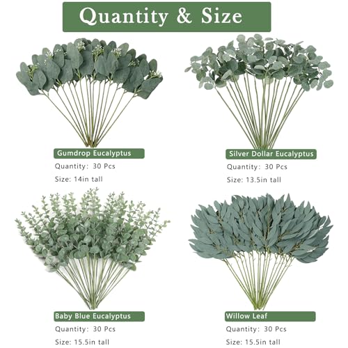 120 Pcs 4 Kinds Mixed Artificial Eucalyptus Leaves Stems Bulk Fake Silver Dollar Eucalyptus Bundle Faux Plants Greenery fo...
