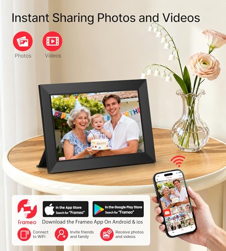 BIGASUO Digital Picture Frame, 10.1" Frameo Digital Frame WiFi with 32GB Memory, 1280x800 IPS Touch Screen, Send Photos/Vi...