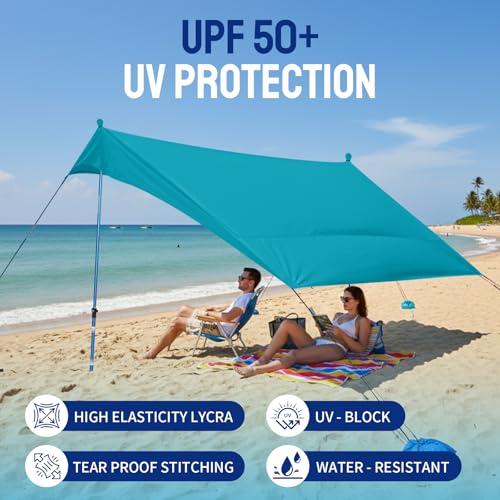 CROWN SHADES 7x7 Beach Tent Sun Shelter, Easy Pop Up Beach Canopy Shade, Portable Outdoor Carpas UPF50+, Includes 2 Poles ...