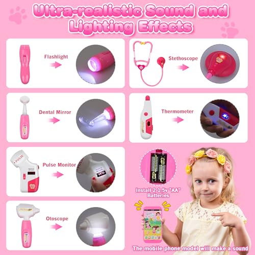 33Pcs Pet Doctor Kit for Toddlers - Dress Up Costume & Pretend Doctor Play Set with Cat Toy, Stethoscope, Portable Pet Vet...