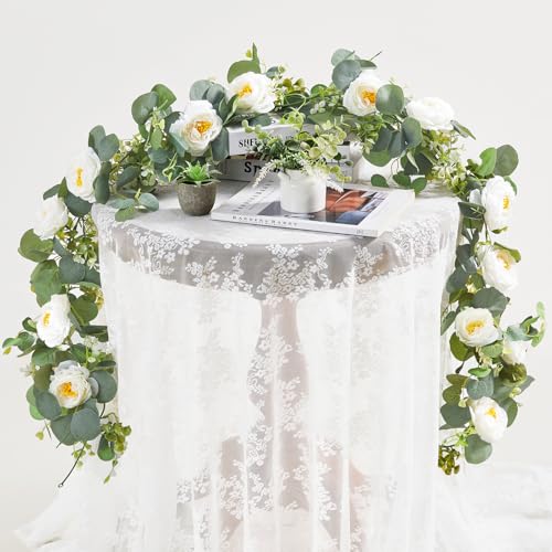 Aoztio 2 Pack 6Ft Artificial Eucalyptus Flower Garland with White Roses, Faux Floral Greenery Garland Fake Flower Vines fo...