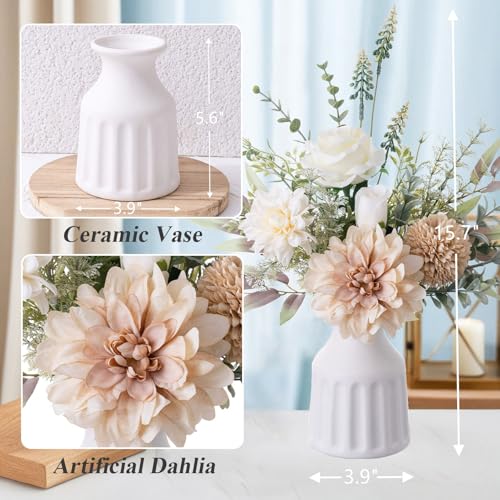 Fake Flowers in Vase, Artificial Flowers with Vase, 15.7'' Floral Arrangements for Dining Table Centerpiece Decor, Silk Ro...