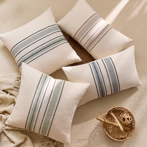 Striped Linen Textured Throw Pillow Covers 18x18 Inch Set of 2,Boho Decorative Cushion Covers, Neutral Beige Accent Pillow...