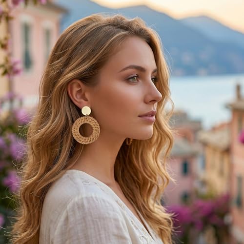 4 Pairs Raffia Rattan Bohemian Earrings for Women, Tropical Bohemian Straw Dangle Earrings Boho Summer Beach Earrings Summ...