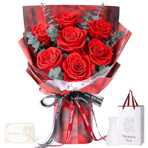 Preserved Flowers Bouquet 7 Roses - Red Real Rose & Flowers for Delivery, Eternal Roses Bouquet with Gift Box, Mothers Day...
