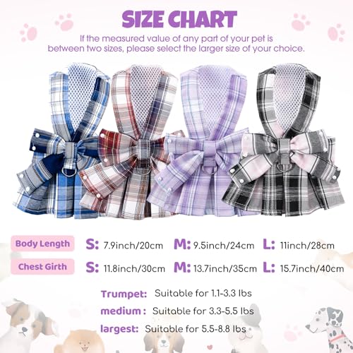 Yearntown 4 Pcs Plaid Dog Dress with Pearls Bow Tie Harness Leash Cute Puppy Dress for Small Dogs Puppy Clothes for Pet Ch...