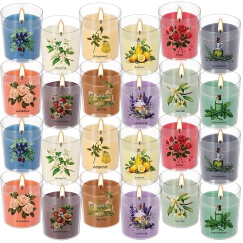 Aromatherapy Candles Set - 24 Pack Scented Candles with 12 Natural Fragrances, Votive Candles in Clear Plastic Jars for Ho...