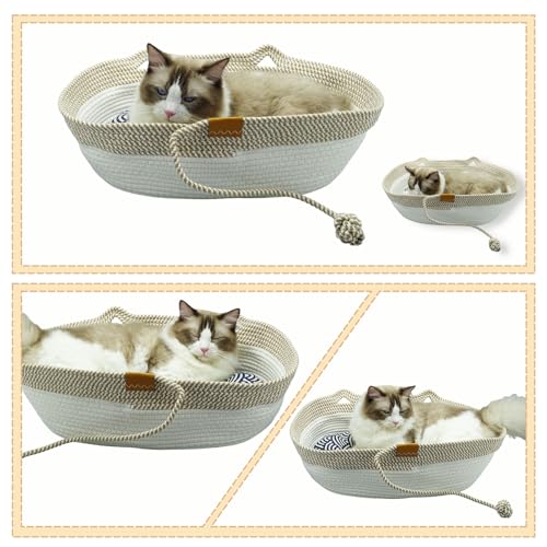 Pet Beds for Cats, Cat Beds for Indoor Cats 19.69"×13.78"×6.30",Cotton Rope Oval Cat Bed for All Seasons (with Cooler Stra...