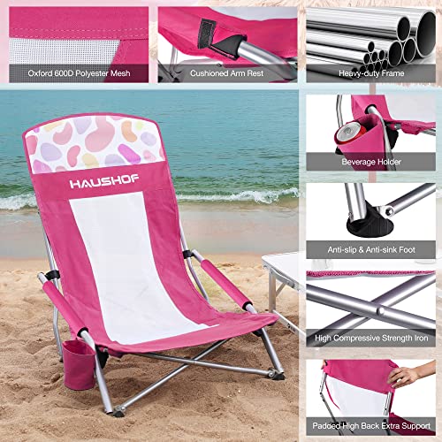 HAUSHOF 2-Pack High Back Beach Chairs, Mesh Back Folding Chair, Lightweight Low Seat Camping Chairs with Cup Holder, Carry...