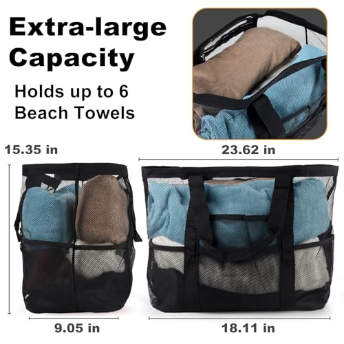 CaCTOUR Mesh Beach Bag,Large Beach Bags for Women with 8 Pockets,Packable Tote Bag for Beach Cruise Pool Vacation Essentials