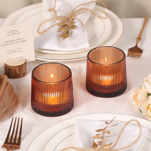 Amber Ribbed Tealight Votive Candle Holders Set of 10- Votive Candle Holders for Table Centerpiece, Tea Light Candle Holde...