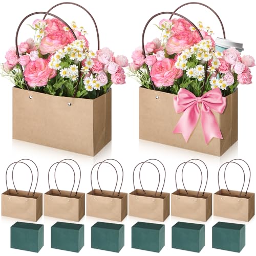 6 Set Mother's Day Flower Gift Boxes with Floral Foam Blocks, Bouquet Carrier Bags with Handle, Paper Flower Box for Bouqu...