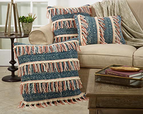 SARO LIFESTYLE Beechums Collection Block Print Embroidered Fringed Poly Filled Pillow, 22", Blue