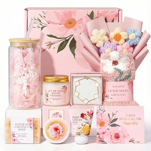 Gifts for Women, 9pcs Happy Birthday Gifts for Women, Christmas Ideas Mothers Day Gift Baskets Unique Rose Self Care Set V...