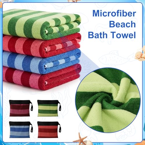 Gilprop 4 Packs Oversized Stripe Beach Towels Microfiber Pool Towel with Bags & Clips Soft Absorbent Quick Dry Camping Tow...