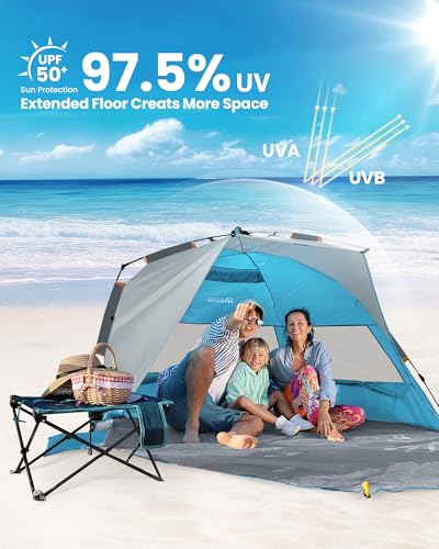 OutdoorMaster Beach Tent Sun Shelter for 3-4 Person, Pop Up Beach Tent Easy Setup with Sandbags, Portable Sun Shade Canopy...