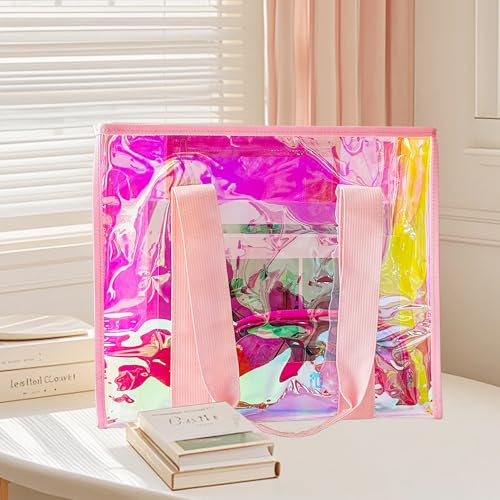 TotePrint PVC Waterproof Holographic Colorful Tote Handbag with Small Mobile Phone Bag for Beach, Travel and Shopping（0.4MM）
