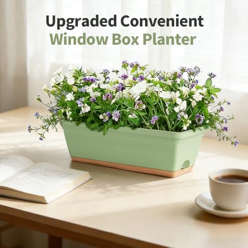 LESOASIS Window Box Planter, 6 Pack Plastic Vegetable Flower Window Planters Boxes 16 Inches Rectangular Flower Pots with ...