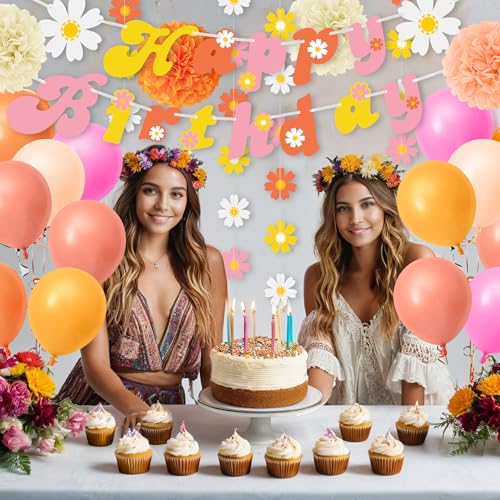 24 PCS Groovy Party Decorations Boho Happy Birthday Banners with Flower Hanging Flags Balloons Paper Flowers for Birthday ...