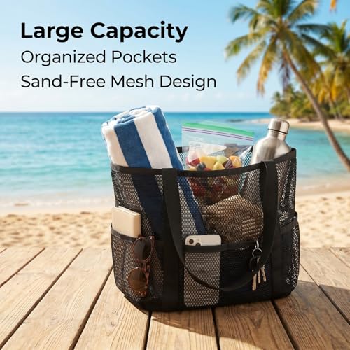 BOBPPOP Black 5-Pocket Foldable Mesh Beach Tote for Women, Water-Resistant Sand-Proof Cruise Essentials Bag, Travel Pool V...