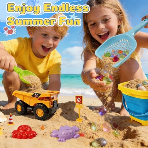 UBeesize 37 PCS Beach Toys , 3-in-1 Construction & Treasure Hunt Sand Toys with 2 Collapsible Buckets, 2 Trucks, Castle Bu...