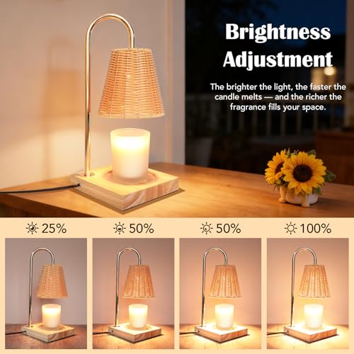 Immeiscent Candle Warmer Lamp with Timer Dimmable Boho Rattan Lampshade Natural Weaving Wax Warmer for Jar Candles Mothers...
