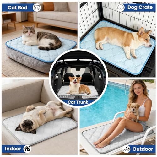 SUPRIY 2-Pack (Blue + Gray) Pet Cooling Mat Set - Ice Silk Cooling Pad & Fashion Bandana for Dogs & Cats (Small16.5 x21.6)