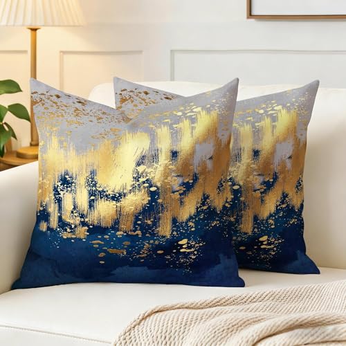Weiscode Navy Blue and Gold Pillow Covers 18 x 18 inch Set of 2 Decorative Cushion Covers Blue and Gold Square Pillowcases...