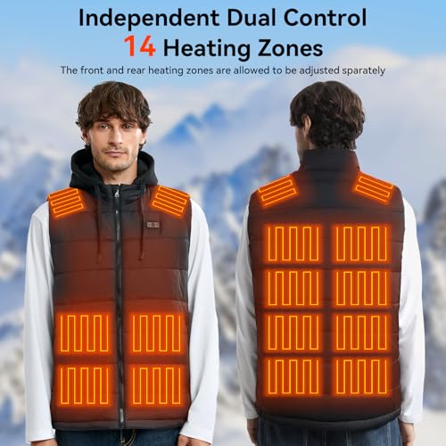 CHANGEOWN Men Heated Vest with 14 Heating Zones Dual Control Electric Heating Vest with Detachable Hood, Battery Not Included