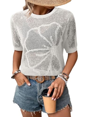Dokotoo Womens Summer Short Sleeve Crochet Tops Hollow Out Floral Beach Vacation Clothes Cruise Outfits