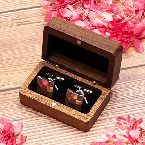 COSISO Natural Walnut Wooden Cufflink Box For Jewelry Storage,Small Cuff Links Display Case for Men (A)