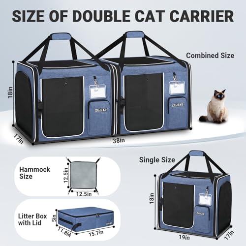 Petskd 2 in 1 Double Cat Car Travel Carrier with Litter Box, 38"x17"x18" Portable Dual Extra Large Cat Carrier for Multipl...
